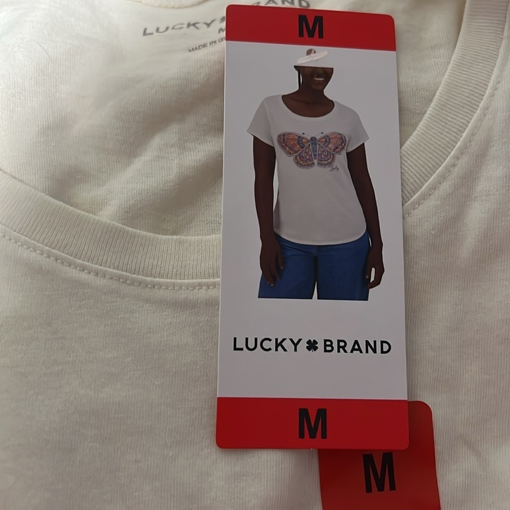 Lucky Brand Cream Scoop Neck Tee with Purple and Orange Butterfly - Picture 6 of 7